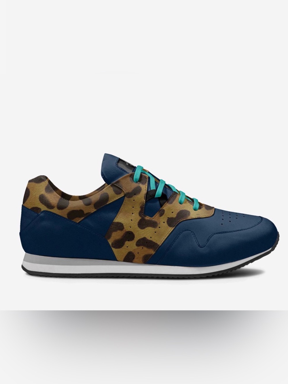 Deep Teal Blue Leather Sneakers with Leopard Print Accent. Made In Italy. Luxury